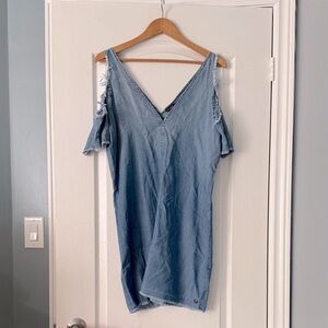 True Religion Light Blue Denim V-Neck Cold Shoulder Tunic Dress Size Medium